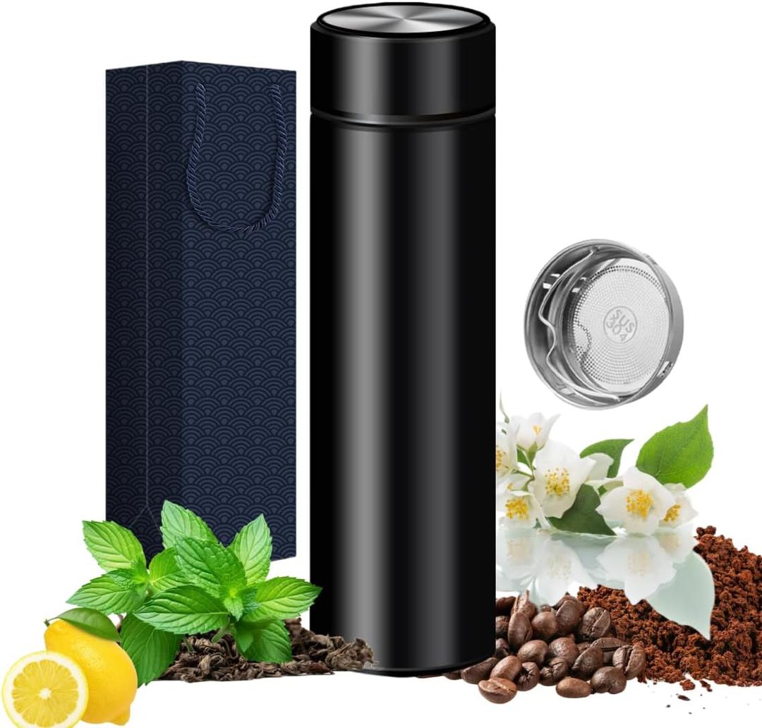 Insulated Bottles- Vacuum Tumbler for Coffee, Tea and Drinks with Stainless Steel Infuser - 15 oz Tea Thermos Coffee Travel Bottle/Keeps Drinks Hot or Cold for Hours/Gift Packing (Black)