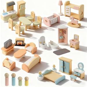 Peccvon 35PCS Wooden Dollhouse Furniture Set with Dolls for 5 Rooms Kits, Doll House Accessories Furniture Toys for Toddlers, Pretend Play Toys Christmas Birthday Gift for Girls and Boys, 3+