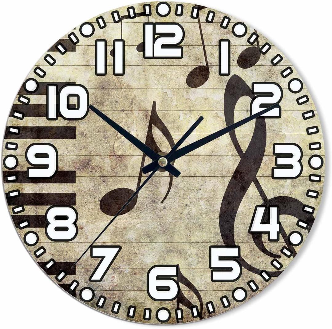 Piano Music Wall Clock 10 inch Round Silent Non Ticking Wood Wall Clocks Battery Operated Easy to Read Decorative Wall Clock for Bedroom Kitchen Living Room Bathroom