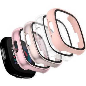 Vancle Case for Fitbit Versa 4 / Fitbit Sense 2, 4-Pack Screen Protector Tempered Glass Full Around Hard PC Case with Sensitive Touch Film Protective for Fitbit Sense 2 / Versa 4(Transparent + Starlight + Pink + Rose Gold)