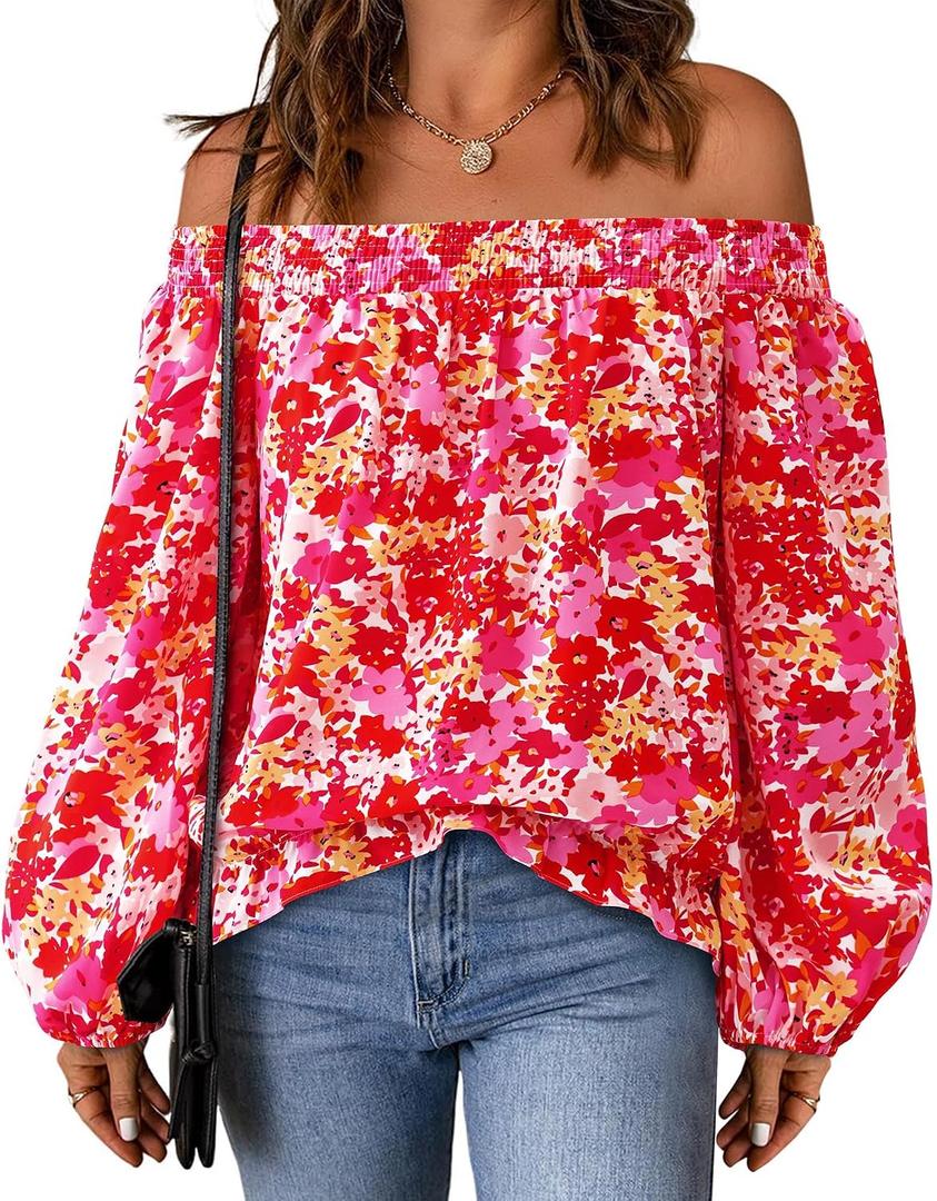 KIRUNDO Off The Shoulder Tops for Women 2026 Spring Summer Tops Boho Floral Blouse Long Sleeve Shirts Fashion Clothing (S)