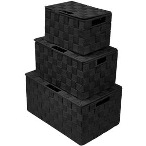 Sorbus Set of 3 Black Woven Storage Baskets with Lids  Mesh Hand-Woven Bins for Closet, Shelf, and Linen Organization  Variety Pack
