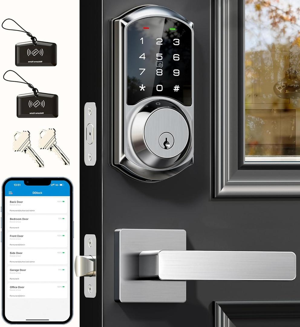 Veise VE06-L Smart Locks with 2 Lever Handle Set, App Control, Keyless Entry Deadbolt for Front Door, Electronic Digital Touchscreen Keypad, Auto Lock, Waterproof, Easy Installation, Satin Nickel