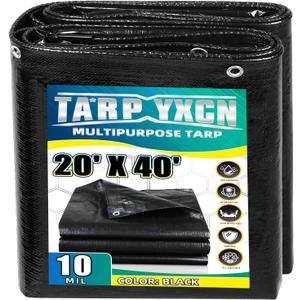 Black Tarp 20x40 Feet, 10 Mil Thick Waterproof Poly Tarps Cover UV Resistant, Rip & Tear Proof with Metal Grommets Every 20 Inches