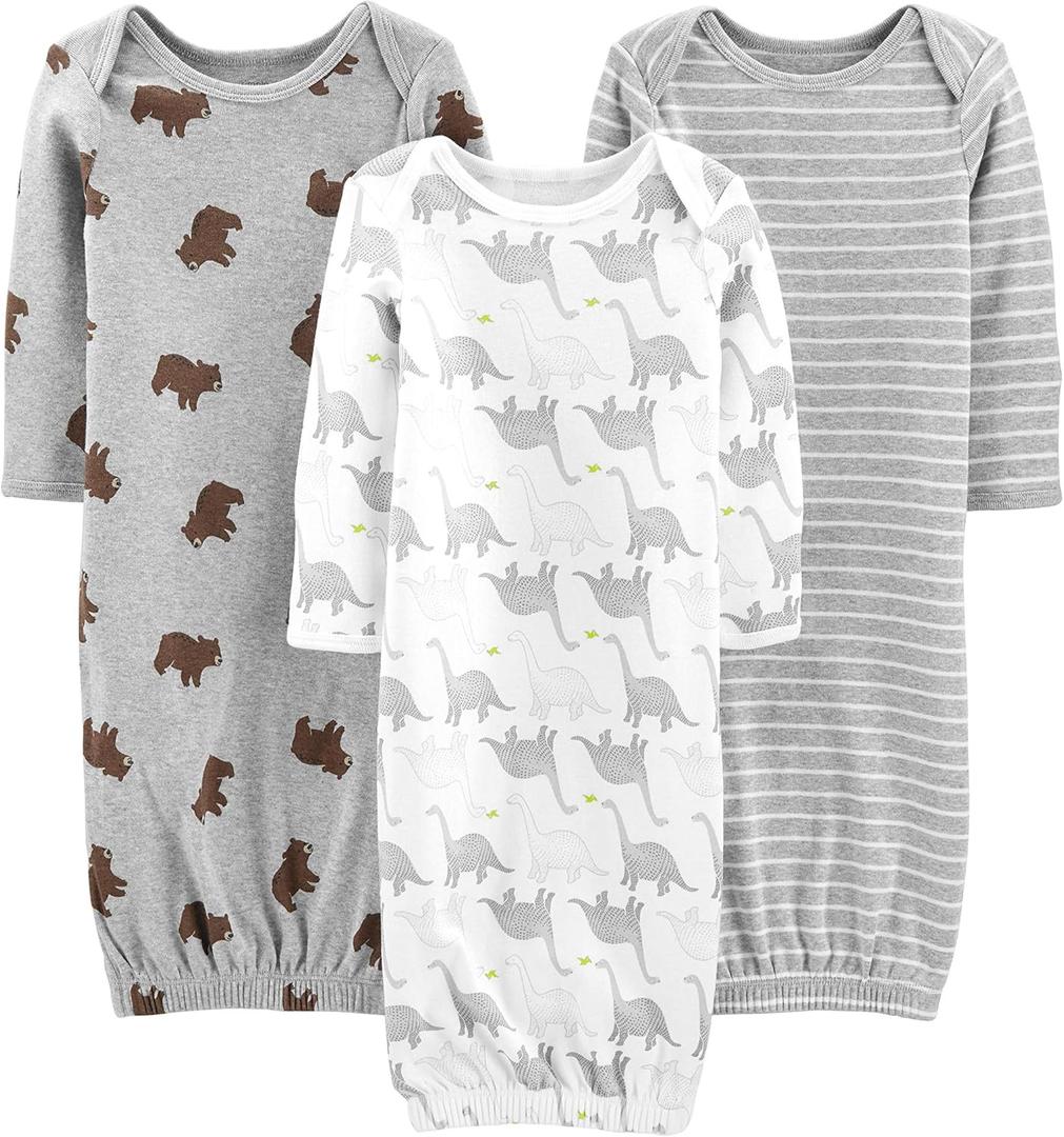 Simple Joys by Carter's Baby 3-Pack Neutral Cotton Sleeper Gown (0-3 Months, Bear/Dinosaur/Stripe)