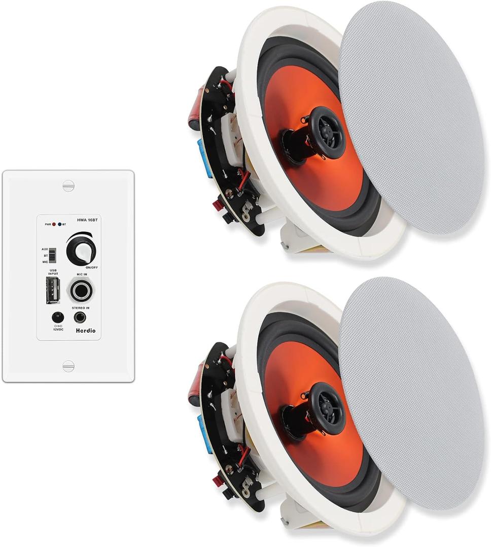 Herdio 6.5 Inch Ceiling Speakers Bluetooth (Pairs) 300 Watt Flush Mount in Wall Amplifier Receiver Suitable for Indoor Home & Covered Outdoor Porch