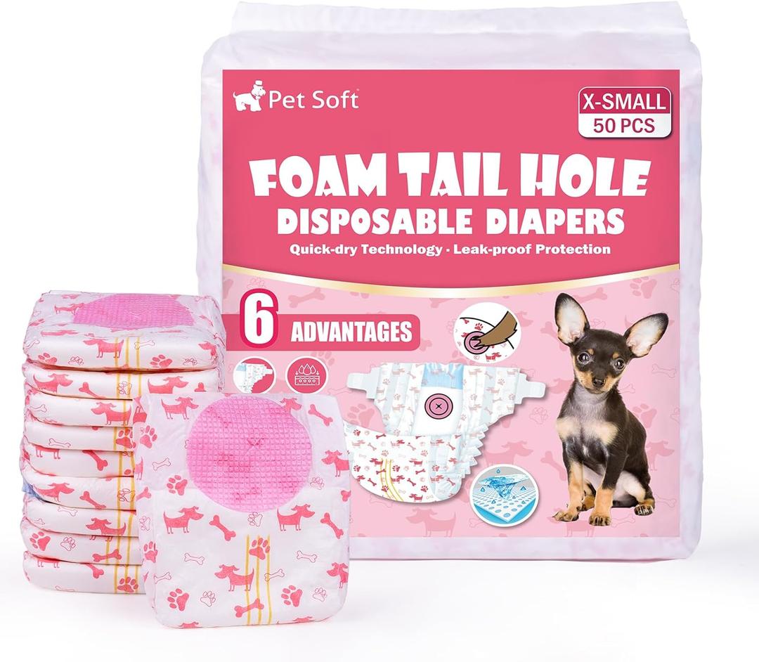 Pet Soft Disposable Dog Diapers - Female Dog Diapers with Adjustable Foam Tail Hole, Ultra Protection Puppy & Cat Diapers Wetness Indicator for Dogs in Heat or Incontinence,50pcs (XS,Red)