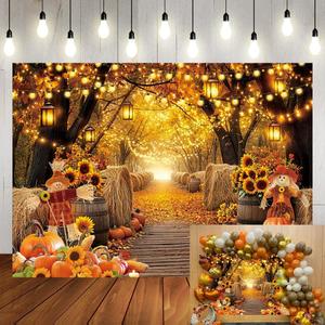 Autumn Forest Scenery Backdrop Fall Farm Harvest Maple Leaves Pumpkins Sunflowers Photography Background Thanksgiving Friendsgiving Family Birthday Party Decorations Photo Booth Studio Props 7x5FT