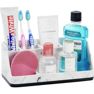 VITVITI Toothbrush Holder for Bathroom, Resin Bathroom Organizer Countertop Sink, Bathroom Counter Organizer Accessories 5 Compartment Storage for Toothpaste/Vanity, White Marble Color