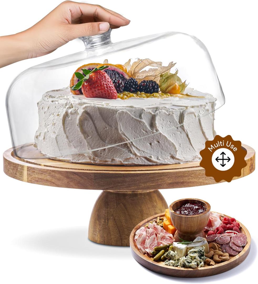 Acacia Wood Valentine Cake Stand with Dome Lid - 12in Round Holder for Valentine's Baking, 2-in-1 Dessert Display & Charcuterie Board, Valentine's Day Serving Platter, Large Acrylic Cover