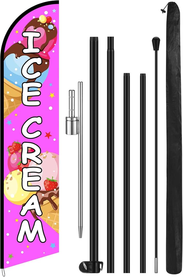 Remagr 15ft Large Ice Cream Windless Feather Flag Ice Cream Sign Banner with Pole Kit and Ground Stake Swooper Flag with Aluminum Alloy Flagpole Kit Advertising for for Business Outside