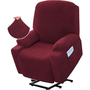 High Stretch Recliner Slipcover with Side Pocket Electric Power Lift Recliner Chair Cover,Soft Jacquard Fabric Fitted Standard Large Power Lift Recliner (Burgundy)