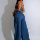 Women's Denim 2 Piece Outfit Sleeveless Bodycon Tube Top Wide Leg Pants Set Summer Vintage Jeans Going Out Tracksuit (L)