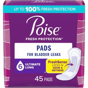 Poise Almohadillas de incontinencia y almohadillas de incontinencia posparto, 6 gotas de mxima absorcin, longitud larga, 45 unidades, el embalaje puede variar