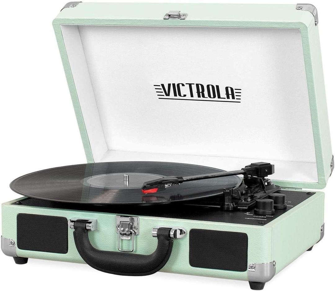 Victrola Journey Bluetooth Portable Suitcase Record Player  with Built-in Speakers, 3 Speed Vinyl Record Player, RCA Out, Headphone Jack (Mint)