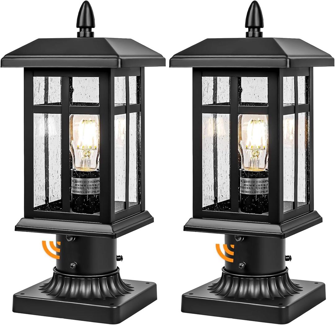 Brilvibera Outdoor Post Light 2 Packs Dusk to Dawn, Post Lights Outdoor Electric with Pier Mount, Pole Lanterns Outdoor for Yard, Driveway, Path, Black