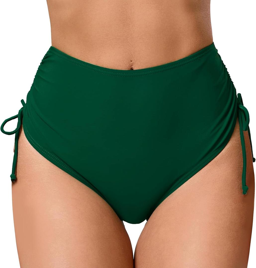Women's High Waisted Full Coverage Bikini Bottoms Tummy Control Adjustable Drawstring Swim Bottoms (Large, Green1)