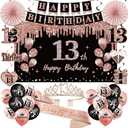 13th Birthday Decorations for Girls, 33pcs It's My 13th Birthday Crown and Sash, Black Rose Gold 13 th Banner Balloons Backdrop Hanging Swirls Paper Fans, 13 Years Old Party Supplies