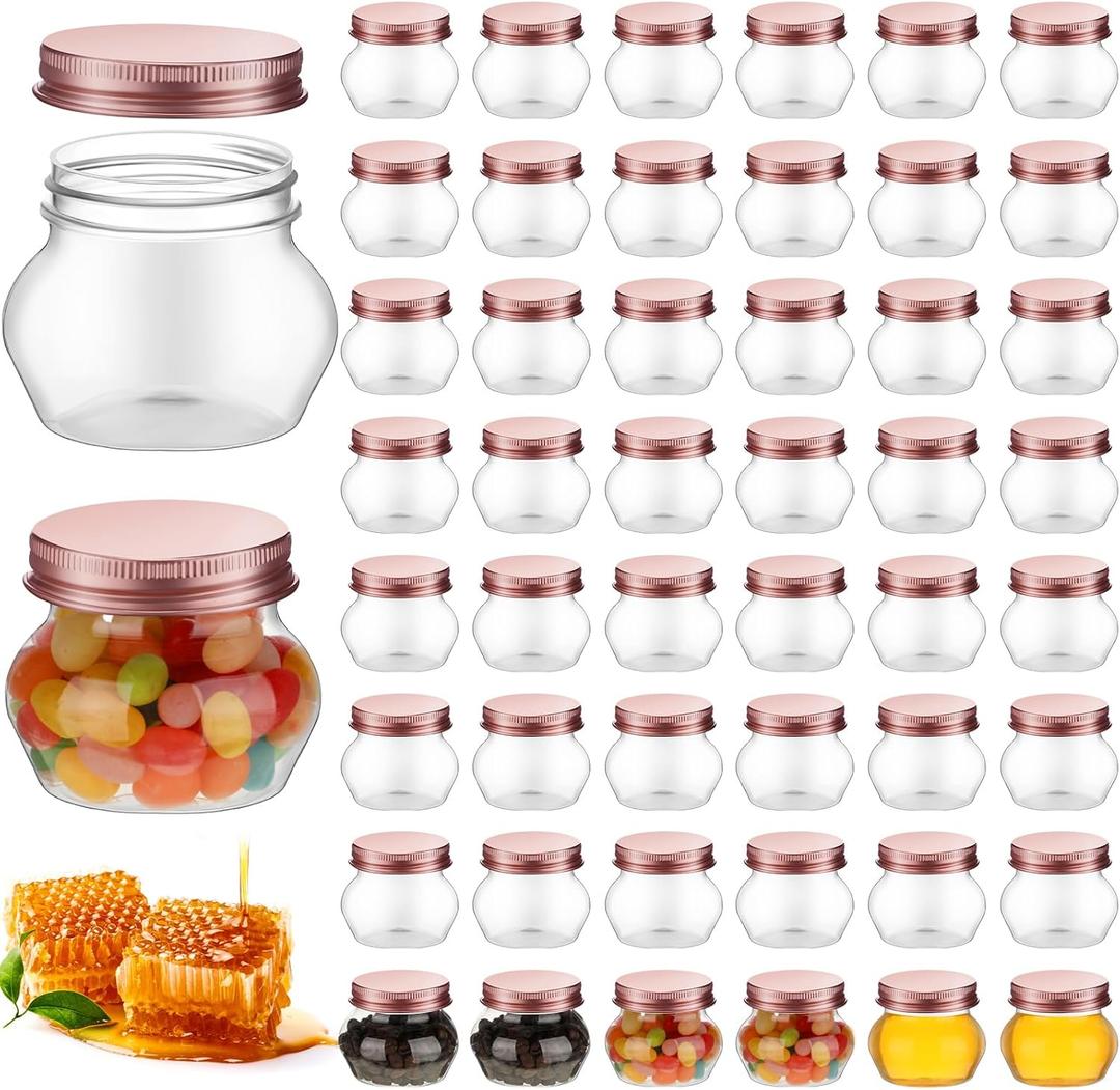 Hsei 48 Pcs 4 oz Clear Plastic Jars with Lids Wide Mouth Mason Canning Jars Mini Storage Containers Bulk for Herb Jelly Wedding Favors Shower Party (Rose Gold)