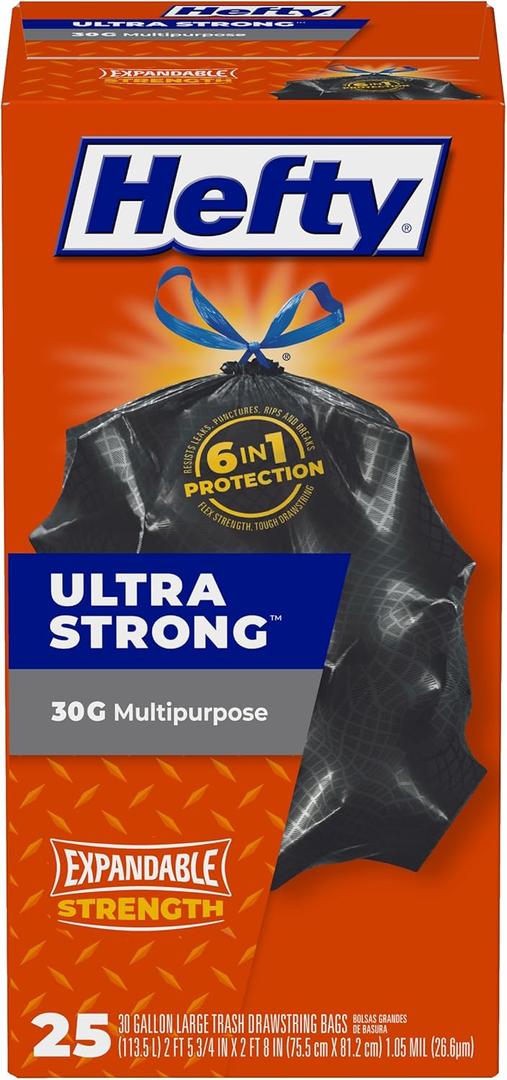 Hefty Ultra Strong Multipurpose Large Trash Bags, Black, Unscented, 30 Gallon, 25 Count