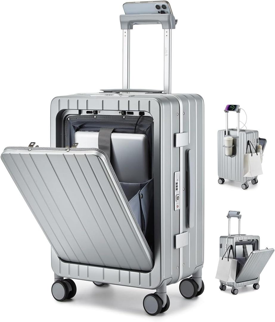 Somago 20 inch Carry On Luggage Aluminum Frame Front Pocket Suitcase With TSA Lock Lightweight PC Suitcases with Cup Holder USB Charging Port (Silver, Carry on-20 Inch)