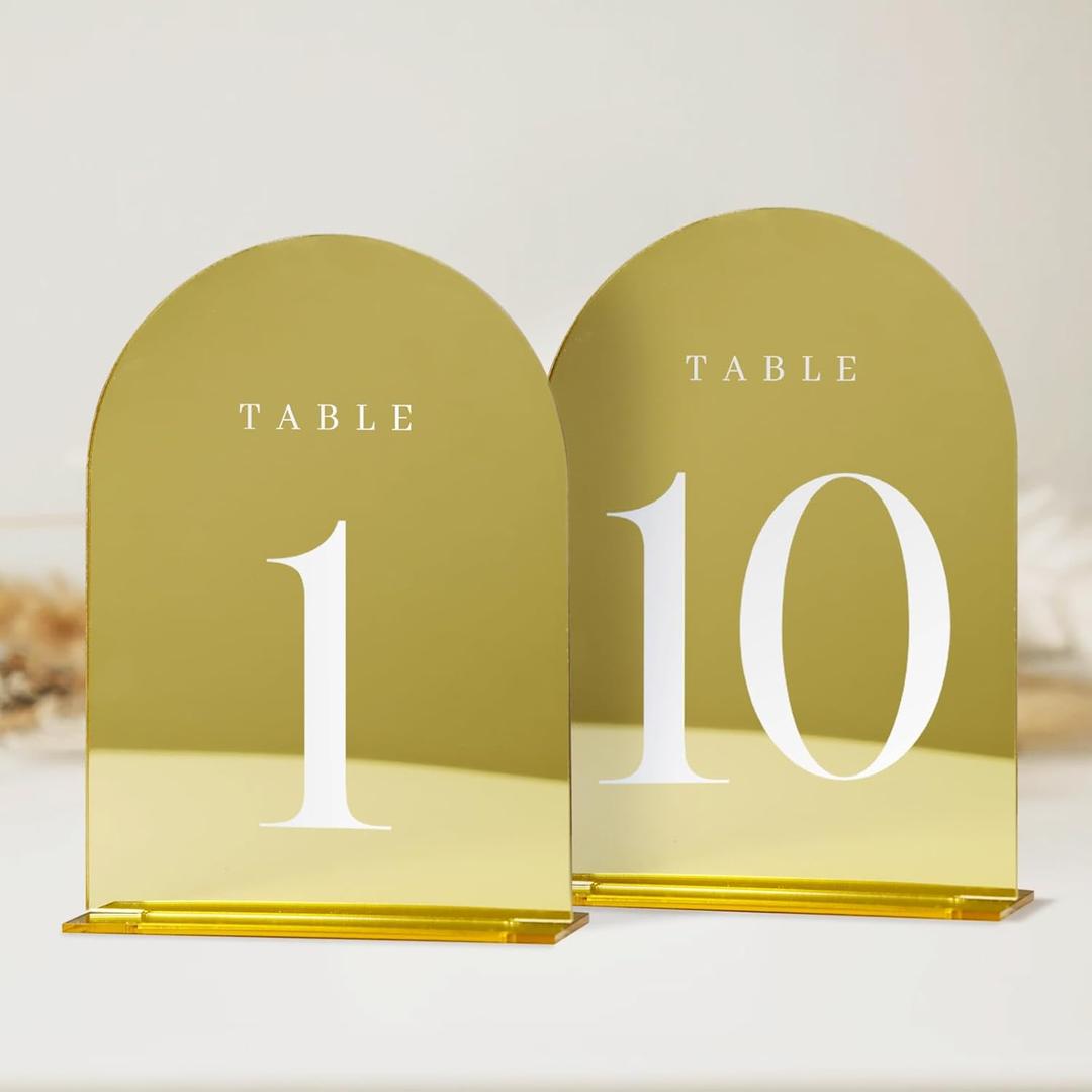 JINMURY Gold Mirror Table Numbers 1-10 with Stands, 10 Pack 5"x7" Gold Acrylic Arch Sign with Stand Gold Mirror Acrylic Arch Table Numbers for Wedding Reception