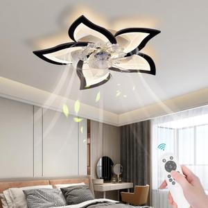 Bevenus Low Profile Ceiling Fans with Lights,27.2 Black Modern Dimmable Flower Shape Ceiling Light Fan with Remote Control/app Control,Timing 6 Gear Speeds Fan Ceiling Lamp.