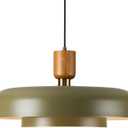 Mid Century Pendant Light 19.68" - Natural Wood Brass Accent, 2-Layer Deep Green Shade for Dining Room Kitchen