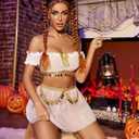 Avidlove Cosplay Lingerie for Women 3 Piece Sexy Roleplay Costumes Off Shoulder Mesh Top with Skirt (White, S)