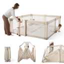 Foldable Baby Playpen,Portable Indoor & Outdoor Playpen for Babies and Toddlers,59”x79”Extra Large Play Pen with Gate,Collapsible Baby Fence with Travel Bag(Light Khaki)