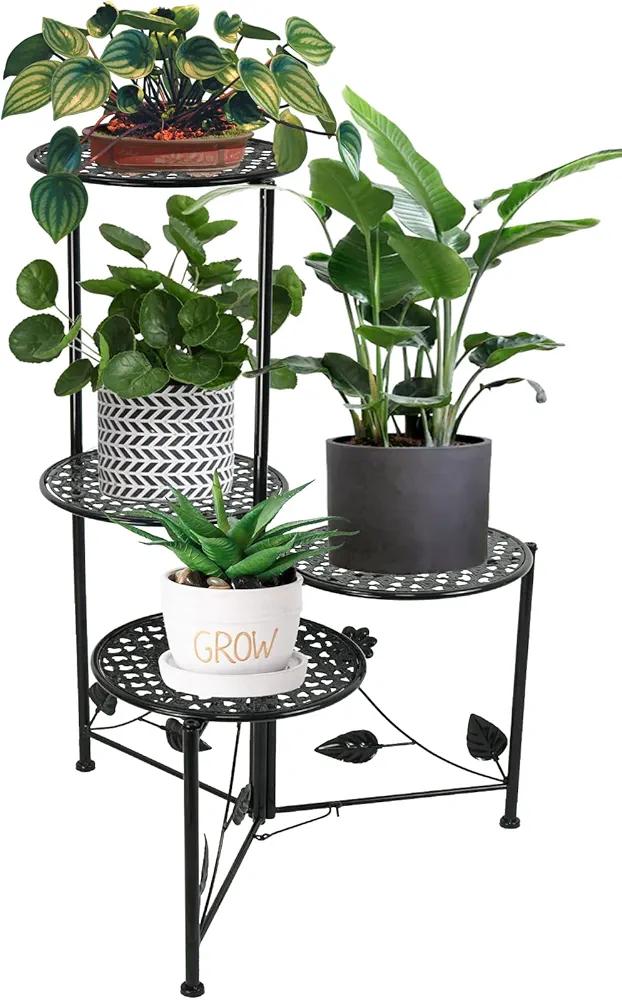 Plant Stand Indoor Outdoor, 3/4 Tier 30" Tall Metal Flower Pot Holder Shelves for Multiple Plants, Multi Tiered Planter Rack Display Shelf for Patio Garden Living Room Corner(Black)
