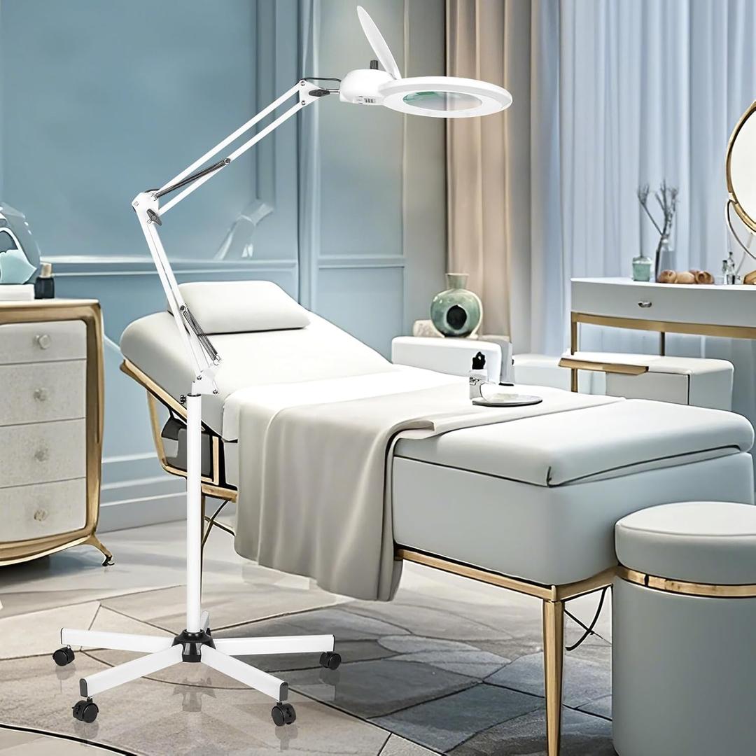 KIRKAS 10X Magniyfing Floor Lamp with 5 Wheel Rolling Base for Estheticians, 2200 Lumen Any Color Modes and Stepless Dimming Magnifying Glass with Light and Stand, for Facials, Reading, Crafts, Tasks (White)