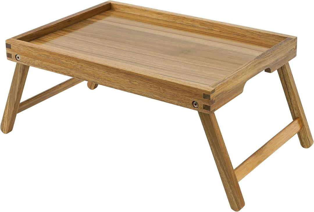VaeFae Acacia Bed Table Tray, Wooden Breakfast Tray with Folding Legs, Bed Tray for Eating and Laptop, Eating Trays for Bedroom (Medium)