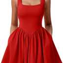 YMDUCH Women's Summer Sleeveless Square Neck A-line Ruffle Hem Mini Tank Dress with Pockets (Medium, Red)