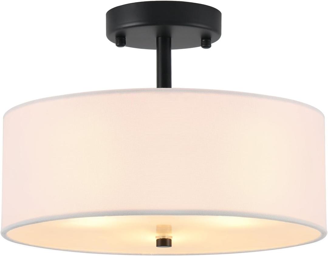 12.6" Semi Flush Mount Ceiling Light Fixture, 3-Light Black Drum Flush Mount Light Fixtures with White Fabric Shade, Modern Close to Ceiling Lights for Living Room Bedroom Hallway Entryway Foyer