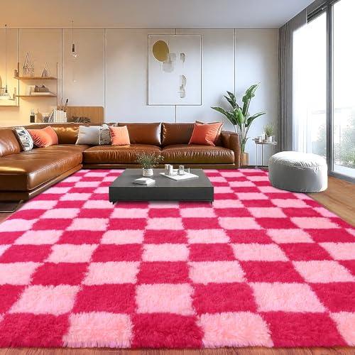 Area Rugs for Living Room, Soft Shaggy Carpets for Living Room, Fuzzy Rugs for Kids' Room, Perfect Decor for Modern Home Hot Pink Grid 8x10 Feet
