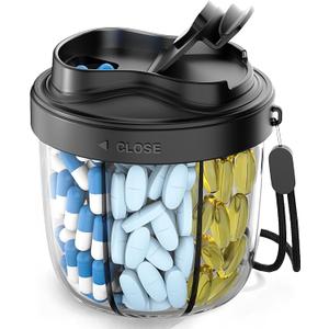 Cute Pill Organizer, Pill Dispenser with 7 Large Compartments, Portable Pill Bottle Box with Wide Opening for Easy Use, Anti-Mix Pills Organizer for Travel, Includes 20 Pcs Sticky Labels (Black)