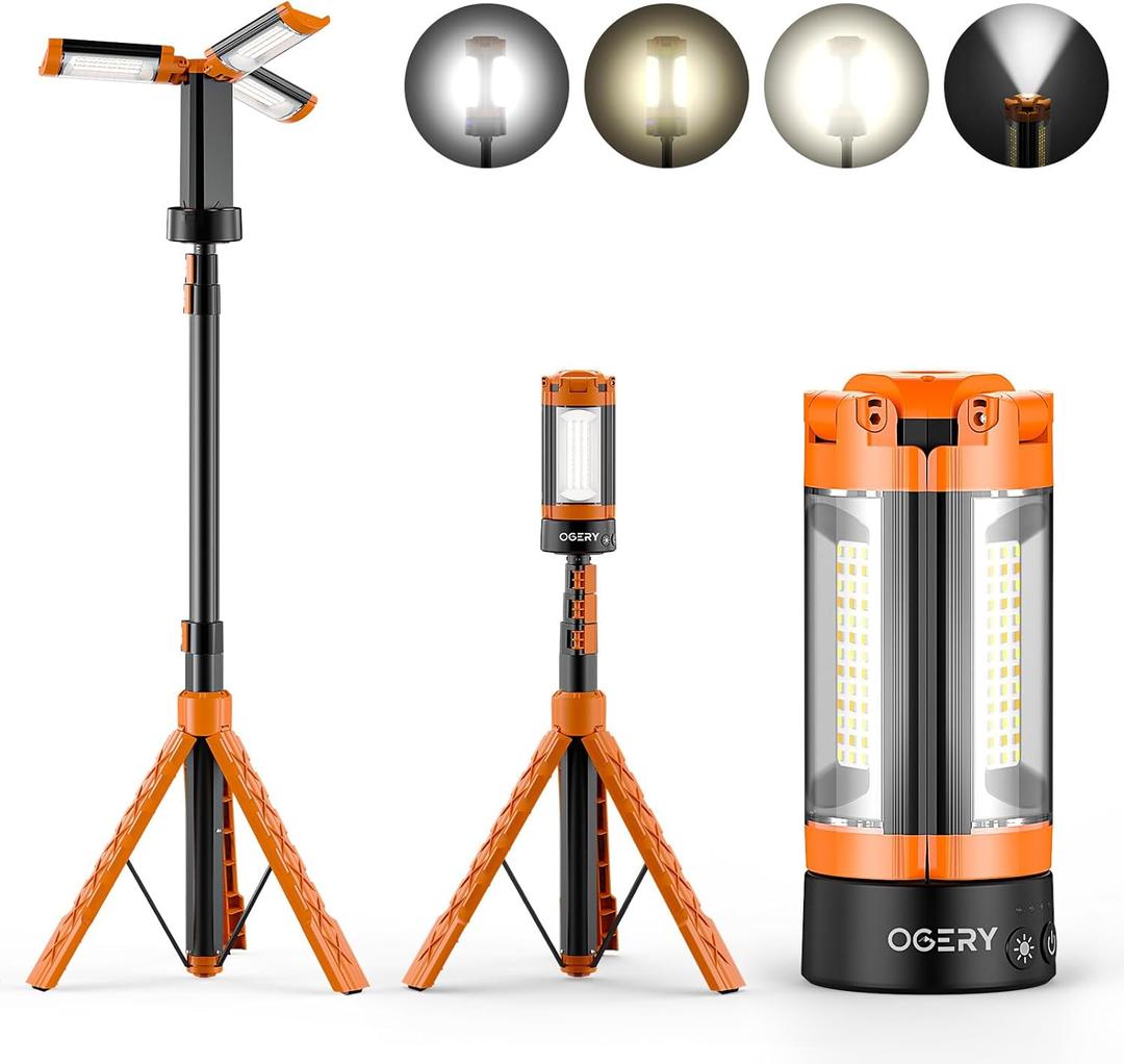 OGERY Rechargeable 10000mAh Camping Light with Stand 6.5 ft Max Height, Cordless Work Light with 3 LED Lamp Heads, 2200 Lumens Camping Essentials Gear Emergency Flashlight with Detachable Tripod (Orange)
