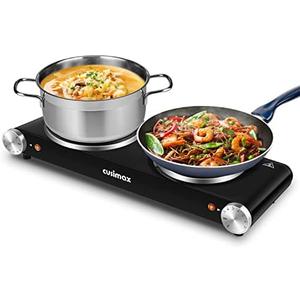 Cusimax Hot Plate for Cooking 1800W Portable Electric Double Burner Countertop Cooktop Cast Iron Stove Heating Plate with 7 Power Levels Adjustable Temp Control, Compatible for All Cookwares