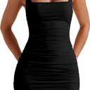 BORIFLORS Women's Sexy Bodycon Corset Mini Dresses Square Neck Ruched Sleeveless Club Party Short Dress (Medium, Black)