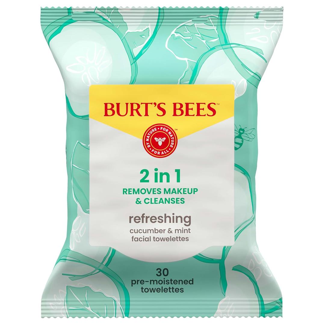 Burts Bees Refreshing Cucumber & Mint Facial Towelettes, 100% Plant Based Cloths; 99% Natural Origin; Removes Makeup and Cleanses; No Need to Rinse