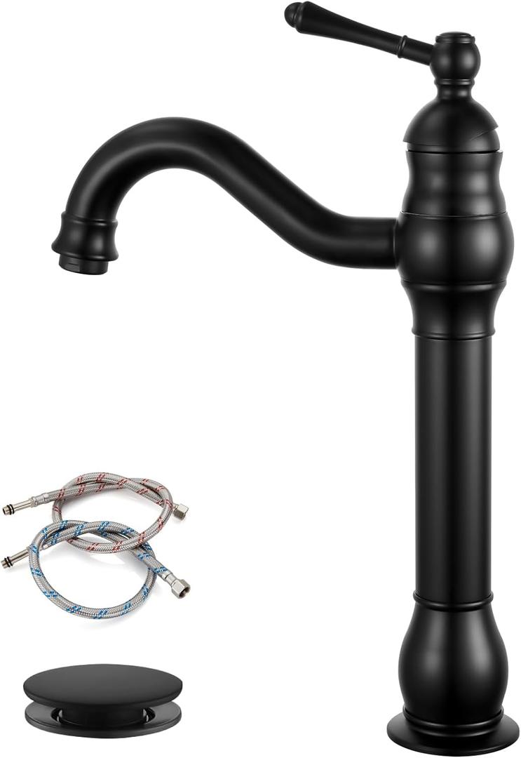 Gotonovo Vessel Sink Faucet 360 Swivel Spout Single Handle Tall Bathroom Faucet 1 Hole Farmhouse Lavatory Washbasin Mixer Tap Matching Supply Hoses, with Pop Up Drain, Matte Black