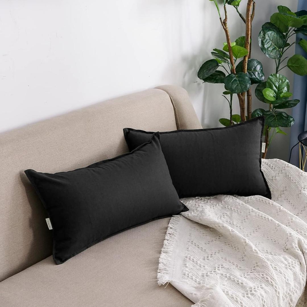 Jeanerlor Natural Cotton Linen Green Decorative 12"x20" Throw Pillow Case Cushion Cover with Twin Needles Stitch on Edge for Lumbar, (30 x 50cm), 2 Pcs, Black