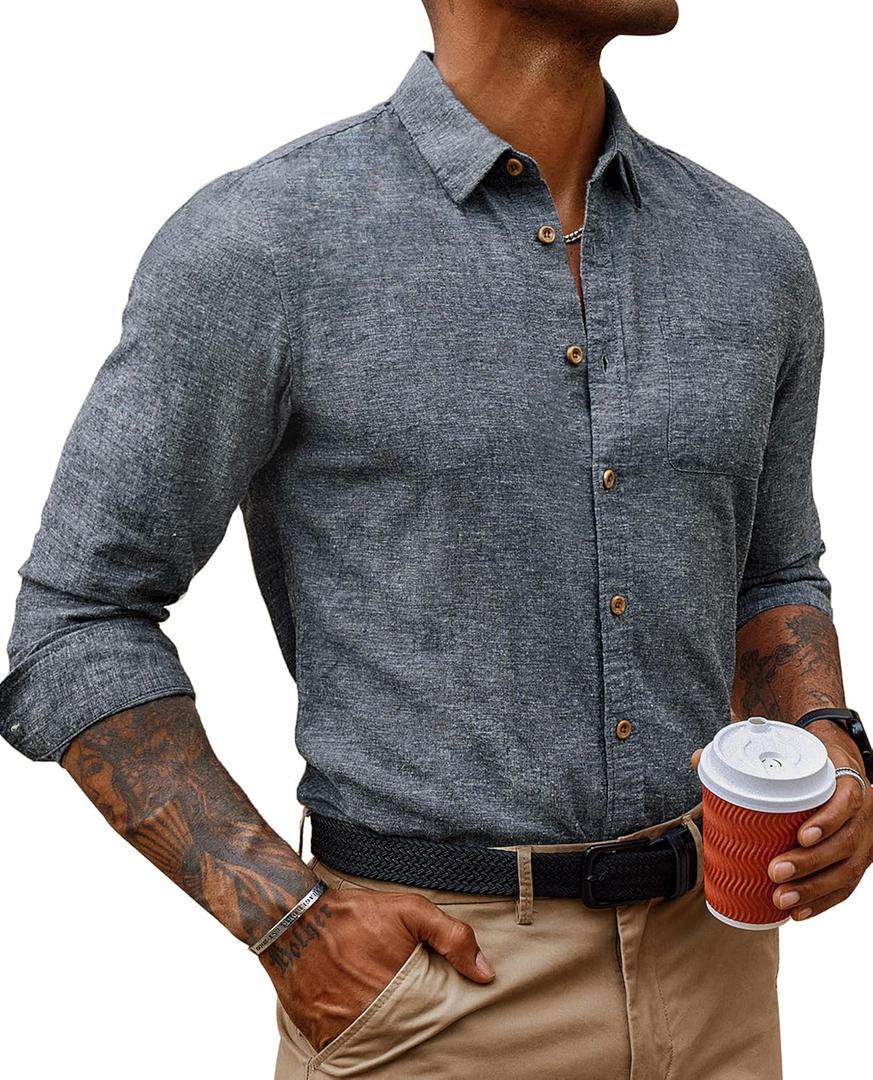 PJ PAUL JONES Mens Linen Shirts Long Sleeve Button Down Shirt Casual Fitted Shirt Fashion Men Clothing Navy Blue Shirt M