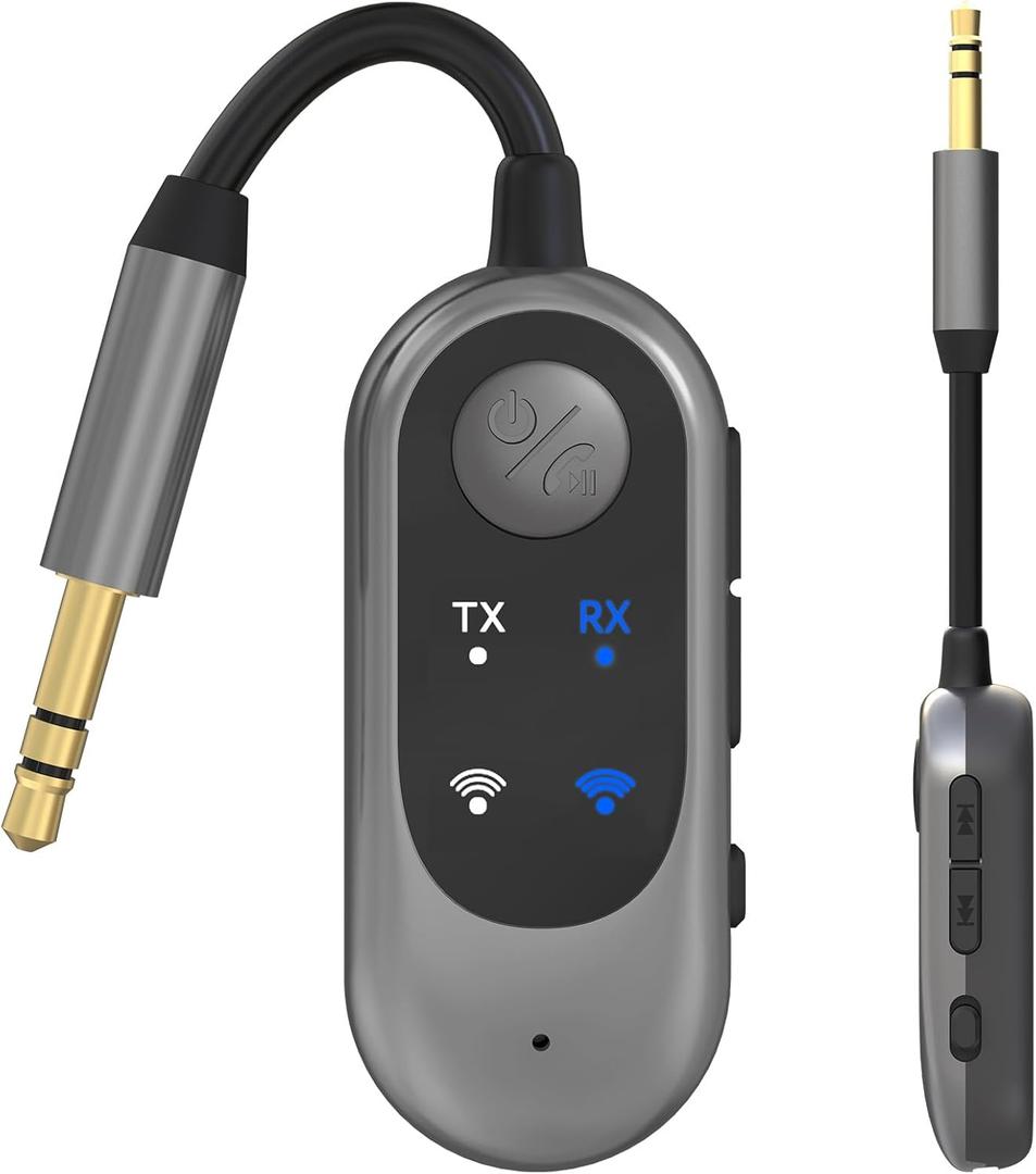 2-in-1 Bluetooth Wireless Audio Transmitter for Headphones or BT Devices - 3.5mm Audio Jack Adapter for TV, Airplane, Car, PC, Gym Equipment