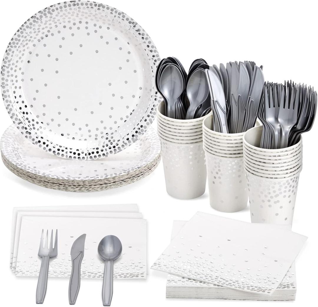 Juvale 144 Piece Silver Party Supplies for Wedding, Birthday - Silver Table Decorations with Plates, Napkins, Cups, and Cutlery (Serves 24) - Plates And Napkins Party Supplies