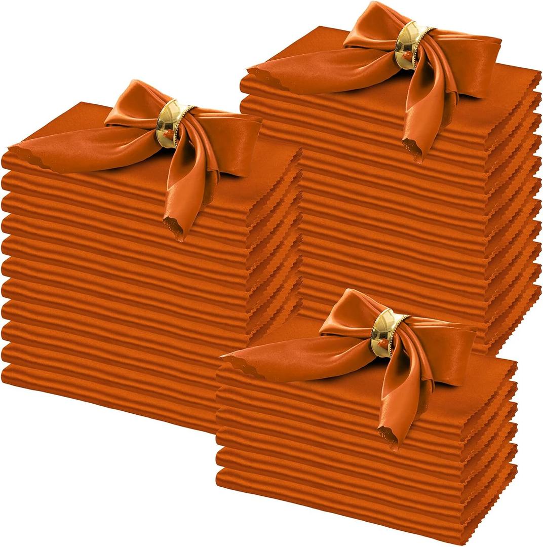Horbaunal 100 Pack Satin Napkins 17" x 17" Square Dinner Napkins with Elegant Lace, Soft Cloth Napkins for Parties, Weddings, Events, Burnt Orange