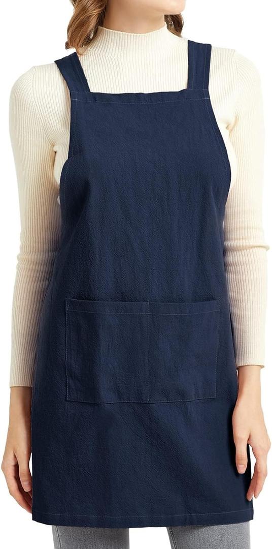 ELEZAY Aprons for Women with Pockets Plus Size Comfort Cross Back No Tie Cotton Linen Apron Pinafore (Blue, L)