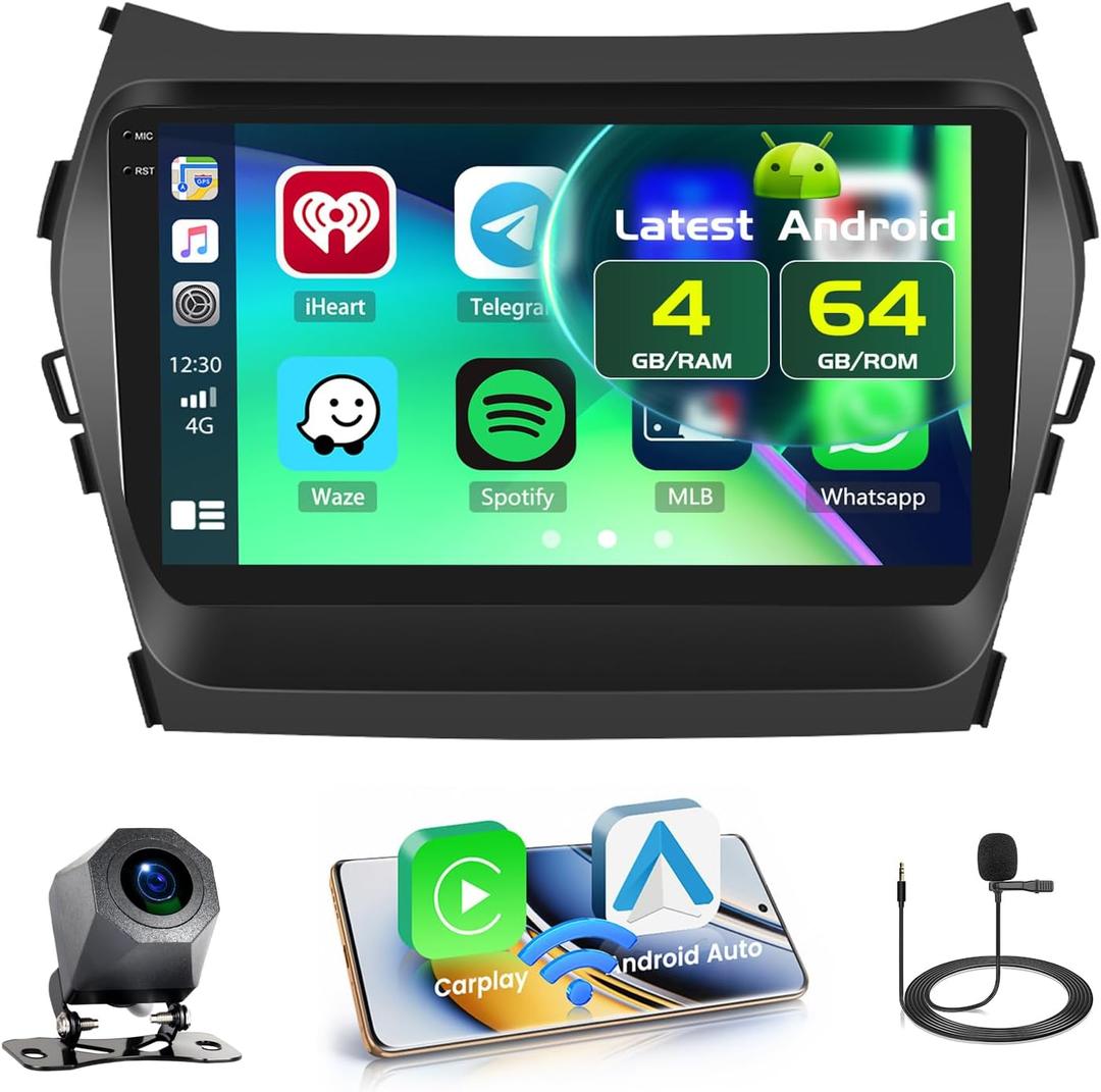 Fuluku 4+64GB Android 15 Car Stereo for Hyundai Santa Fe IX45 20132018 Wireless Carplay Android Auto, 9 Inch Incell Touch Screen Car Stereo with GPS, Backup Camera, Bluetooth, FM/RDS, EQ, WiFi, SWC