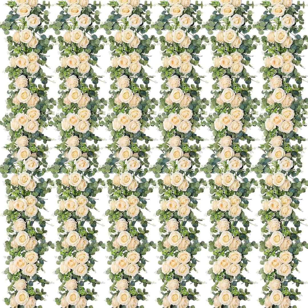 Riceshoot 6 Pcs 4 Pack 26 ft Artificial Eucalyptus Vines Garland with Flowers Faux Floral Greenery Garlands Rose Wreath for Wedding Party Arch Table Decor Backdrop Decorations (Champagne), 6.56 feet